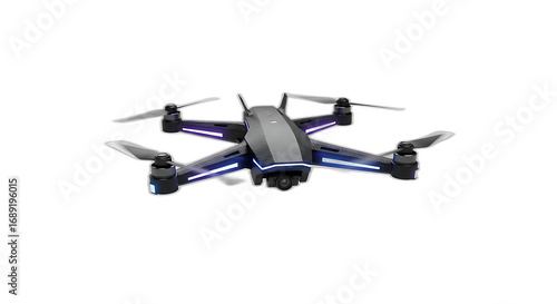 Modern drone isolated on transparent background with blue lights and four propellers