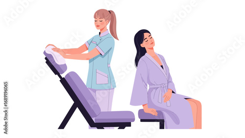 Medical professional assisting a patient in a healthcare setting with specialized equipment