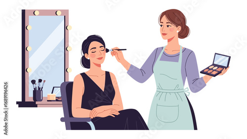 Professional makeup artist applying cosmetics to a client in a salon setting with mirror and supplies