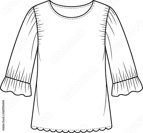 Women’s blouse design with ruffle sleeves, scalloped hemline, front view, casual fashion top, loose fit, detailed stitching, cad flat vector illustration