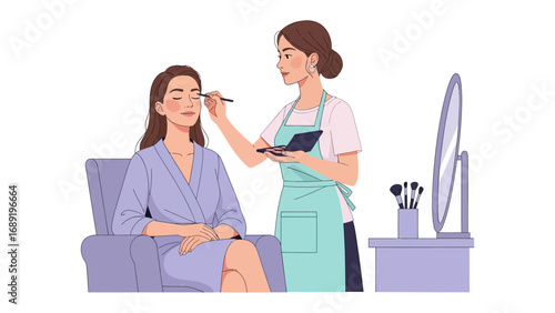 Professional makeup artist applying cosmetics to a client in a salon setting with mirror and brushes