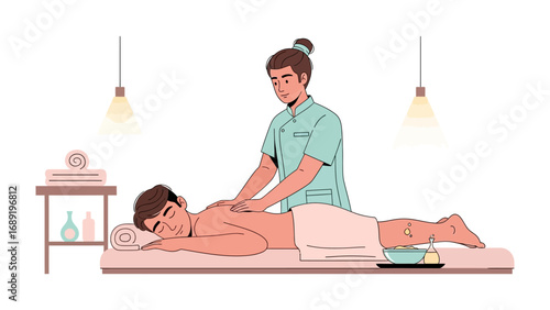 Relaxing back massage therapy session in a serene spa environment with soft lighting