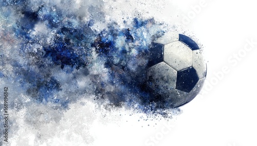 Soccer ball in motion, depicted with a dynamic blue and white watercolor effect, appearing to burst from a cloud of paint