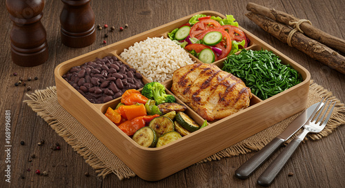 Traditional Brazilian Lunch Box with Grilled Chicken, Black Beans, Brown Rice, Roasted Vegetables, and Fresh Salad – Balanced Meal Photography