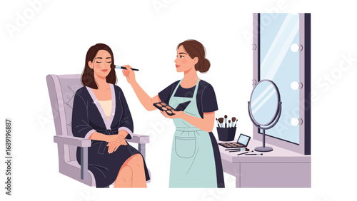 Professional makeup artist applying cosmetics to a client sitting in a salon chair with a mirror and brushes nearby