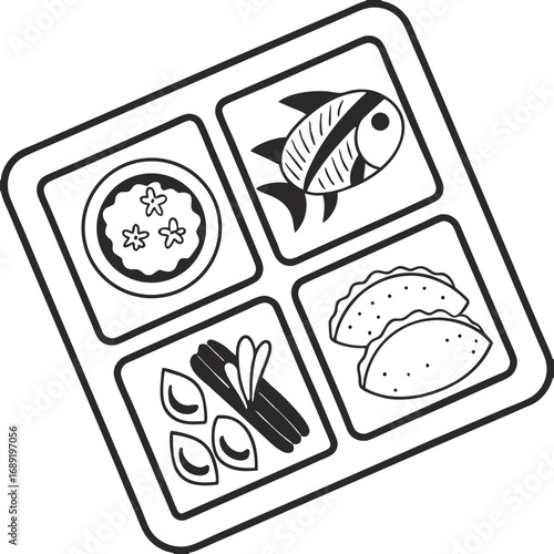 Monochrome illustration of a school lunch tray with four different food compartments shown