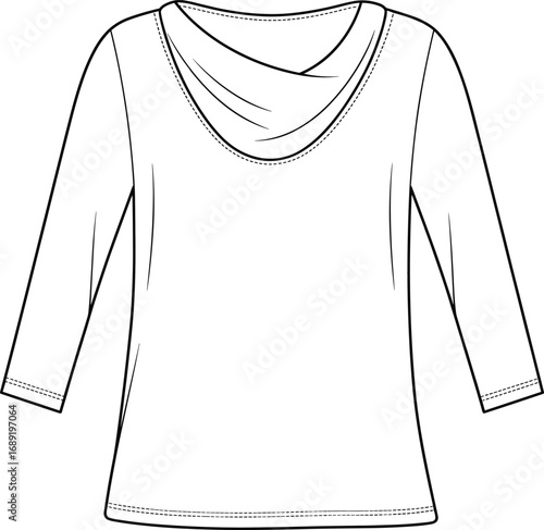 Women’s long sleeve draped neck top vector, casual shirt flat sketch, fashion design template, comfortable garment CAD drawing illustration