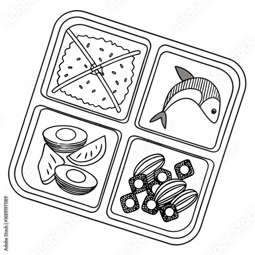 Outline drawing of a bento box with rice fish avocado and sushi in separate compartments viewed from above