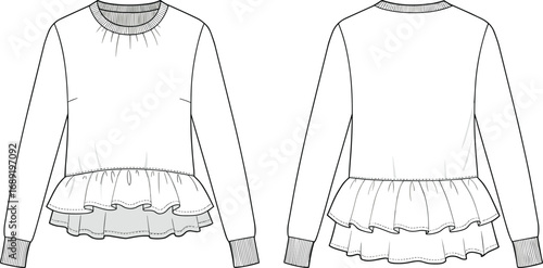 Women’s long sleeve ruffle hem sweatshirt vector, flat cad drawing, fashion technical sketch, front and back views, casual clothing design