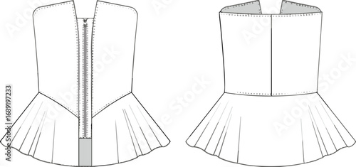 Women’s pleated peplum waistcoat with front zipper, vector flat cad drawing, fashion technical sketch, front and back view, garment design