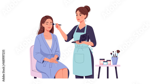 Professional makeup artist applying cosmetics to a seated woman in a spa or salon setting