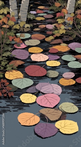 Illustration of colorful autumn leaves floating on a dark river between birch trees, evoking a serene seasonal change