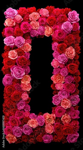 Frame of mixed red, pink, and orange roses surrounding a black void. Blossoms densely pack the border, creating a romantic and floral decoration