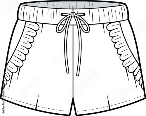 Women’s shorts design with elastic waistband, drawstring, scalloped trim pockets, casual summer clothing, comfortable fit, front view, cad flat vector illustration