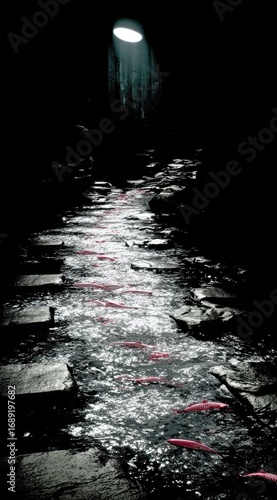 Red figures swim upstream in a dark waterway. A spotlight from above illuminates the current and rocky path. Eerie and symbolic nature scene