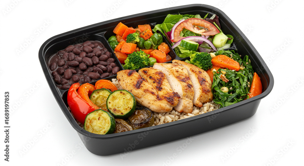 Fototapeta premium Traditional Brazilian Lunch Box with Grilled Chicken, Black Beans, Brown Rice, Roasted Vegetables, and Fresh Salad – Balanced Meal Photography