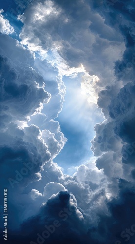 A captivating view upward through a break in swirling, textured dark and light clouds, revealing a patch of blue sky with bright sunlight shining through