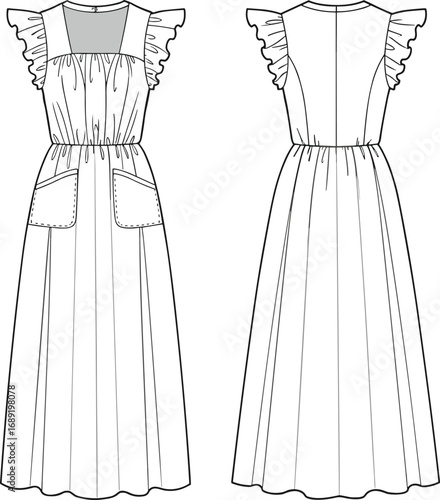 Women's ruffle sleeve dress, flat vector cad drawing, fashion technical sketch, front and back view, summer dress design template