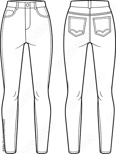 Women's slim fit jeans design, front and back views, high waist denim pants, detailed pockets, zipper, belt loops, cad flat vector drawing