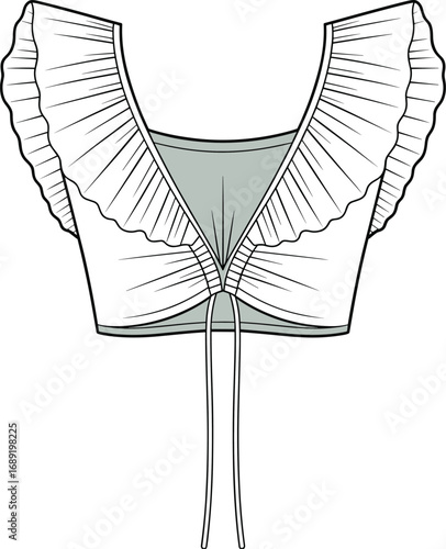 Women's ruffle crop top flat sketch, fashion CAD drawing, sleeveless blouse design, ruched detail, vector garment illustration, technical template.