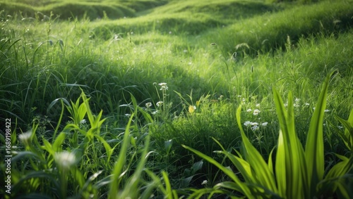 Lush green grass and plants in a vibrant meadow.
