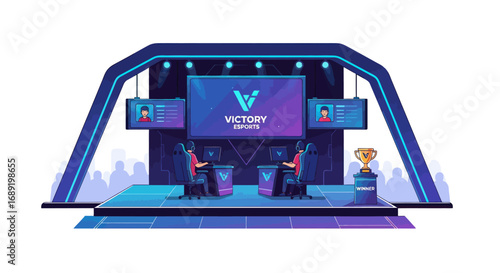 Esports Tournament Stage with Screens, Chairs, and Trophy Display.