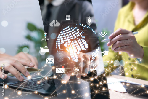 The concept of borderless communication, secure connection via the internet, can be used for business discussions or contacting investors and banks efficiently, meeting and talking via laptop devices.