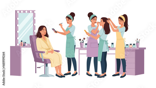 Diverse group of aspiring makeup artists practice techniques on a client in a bright modern salon setting