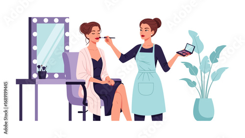 Professional makeup artist applying cosmetics to a client in a well lit beauty studio with a vanity mirror