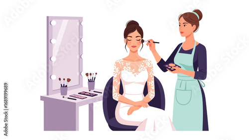 Professional makeup artist applying cosmetic makeup to a bride in a salon with beauty tools and a mirror