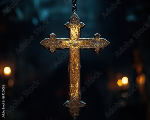 Medieval Religious Monument - Illuminated Ancient Cross Pendant Against a Dark Background A dramatic and spiritual scene with faith, divine presence, religious symbolism, emotional atmosphere, gothic 