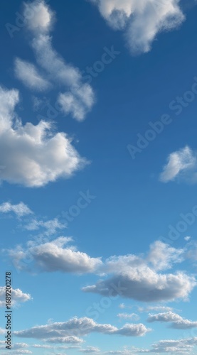 Vertical shot of a blue sky filled with white, fluffy clouds, some higher up and some lower. The clouds have shadows that make them appear 3D