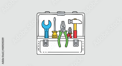 Illustration of a toolbox containing various tools, including a wrench, screwdriver, pliers, and hammer.