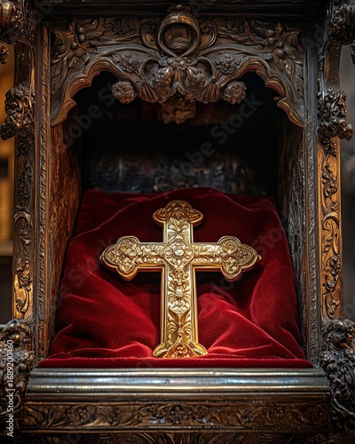 Medieval Religious Monument - Intricately Designed Golden Cross on Ornate Red Velvet Display A dramatic and spiritual scene with faith, divine presence, religious symbolism, emotional atmosphere, goth