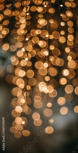 A vertical bokeh shot shows strings of warm, glowing lights suspended in soft focus, creating a festive, elegant atmosphere with a blurred background