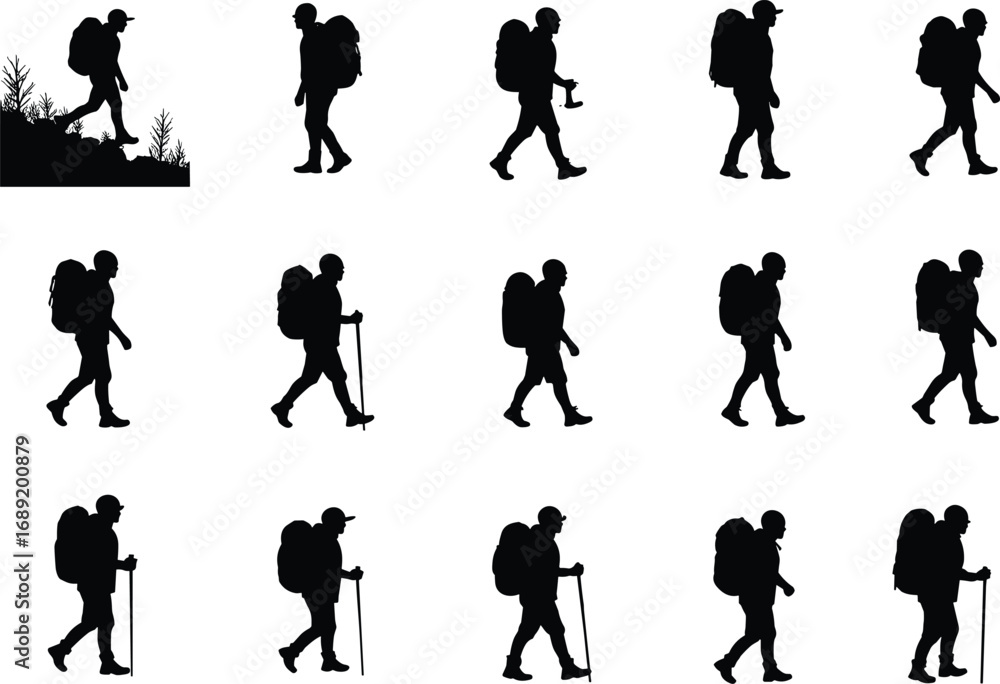 Obraz premium Silhouette of hikers walking with backpack, trekking outdoor adventure, camping lifestyle, hiking stick, mountain climbing, travel, nature exploration, journey.