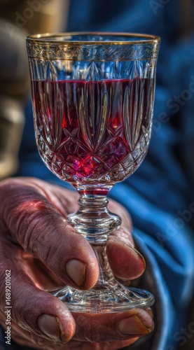 A wrinkled hand delicately holds an ornate, crystal glass filled with a deep red liquid, reflecting light. The background is a soft, blurred blue