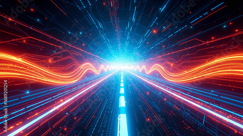 Abstract digital road, glowing paths in a futuristic cyberspace, data streams and digital transformation concept.