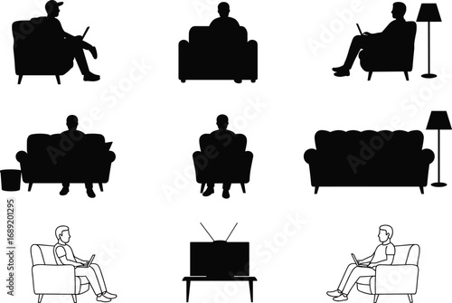 Silhouette of man sitting on sofa with laptop, watching television, relaxing at home, working remotely, modern interior lifestyle comfort.