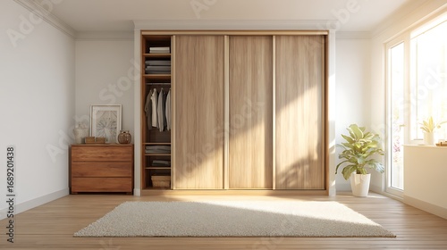 Background for product presentation mock-ups with modern bedroom interior featuring white walls and wooden wardrobe with sliding doors.
