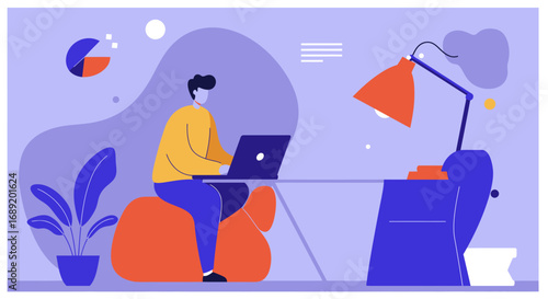 Minimalist illustration of a person focused on a laptop at a contemporary desk. Ideal for concepts of remote work, online learning, or modern business.
