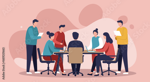 Diverse team collaborating in a modern office meeting, discussing ideas and strategizing. Ideal for business, productivity, or corporate success concepts.