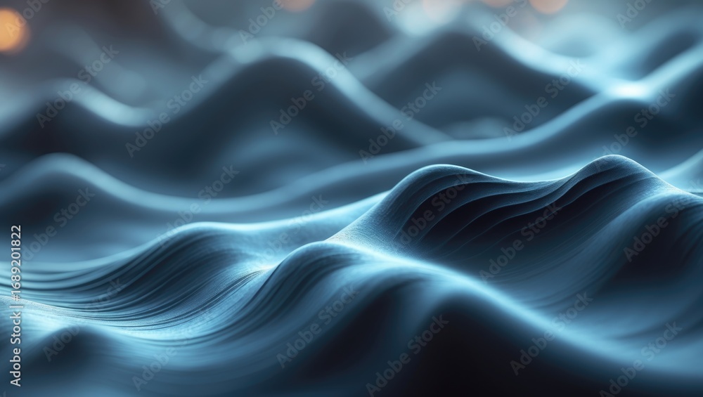 Fototapeta premium Wavy blue abstract surfaces with smooth flowing lines and lighting effects. Modern digital design. Artistic fluid shapes. Background for technology or science themes.