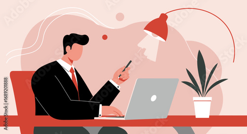 Professional businessman diligently working on a laptop at his desk with a pen and lamp. Represents focused productivity, remote work, and modern business tasks.