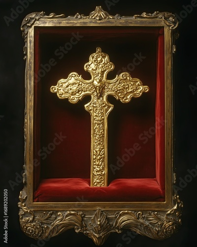 Medieval Religious Monument - Ornate Golden Cross in Decorative Frame with Red Velvet Background A dramatic and spiritual scene with faith, divine presence, religious symbolism, emotional atmosphere, 