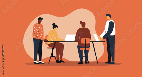 Diverse team collaborating in a modern office, engaged in a productive meeting using laptops. Represents teamwork, business strategy, and shared goals.