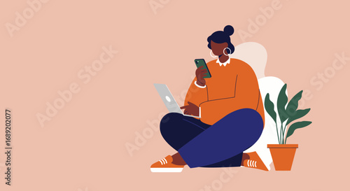 Focused woman working from home, simultaneously using a laptop and smartphone. Captures modern remote work, digital communication, and connected lifestyle.