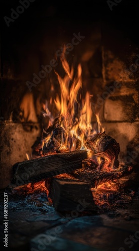 Cozy fireplace scene featuring bright flames dancing amidst charred wood, set against a dark stone backdrop, creating a warm and inviting ambiance