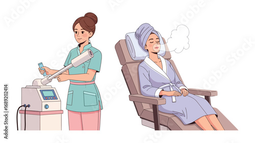 Skincare professional uses advanced facial steamer on relaxed client receiving spa treatment