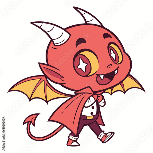 Cute Cartoon Devil Vector | Adorable Chibi Demon with Cape and Wings